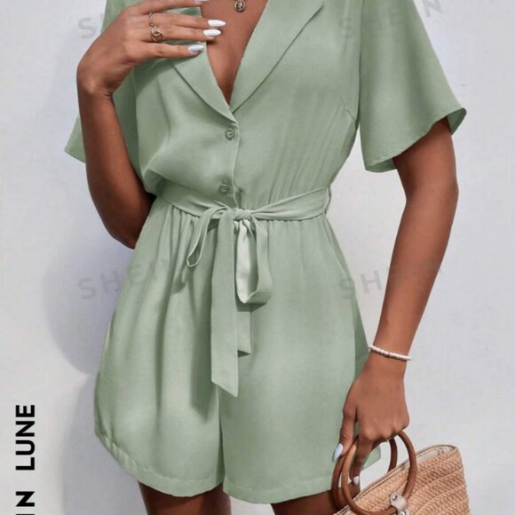 NWOT SHEIN LUNE Lapel Neck Belted Shirt Romper in Mint Green size L - Picture 8 of 9